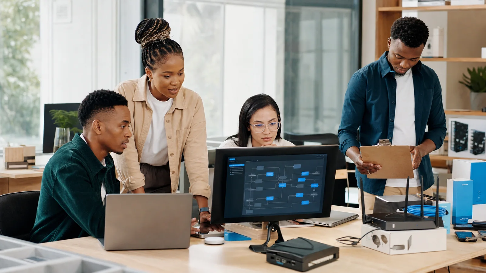 Young South African technology team working with ICT equipment and an AI workflow