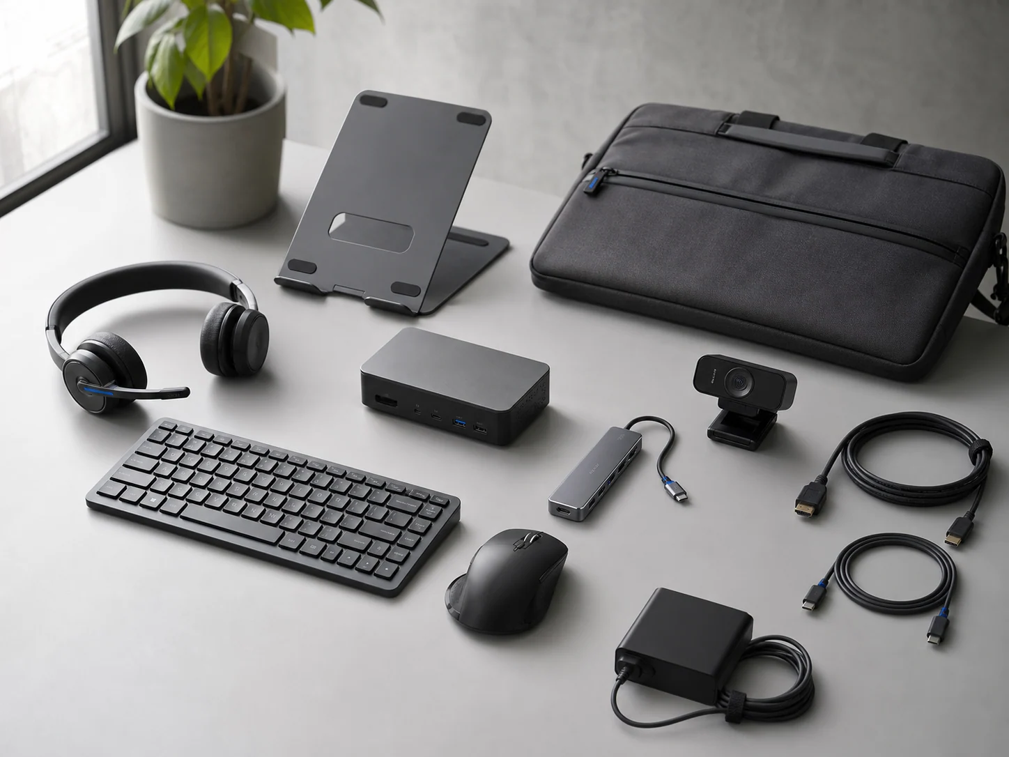 Business technology accessories including headset, keyboard, docking station and cables