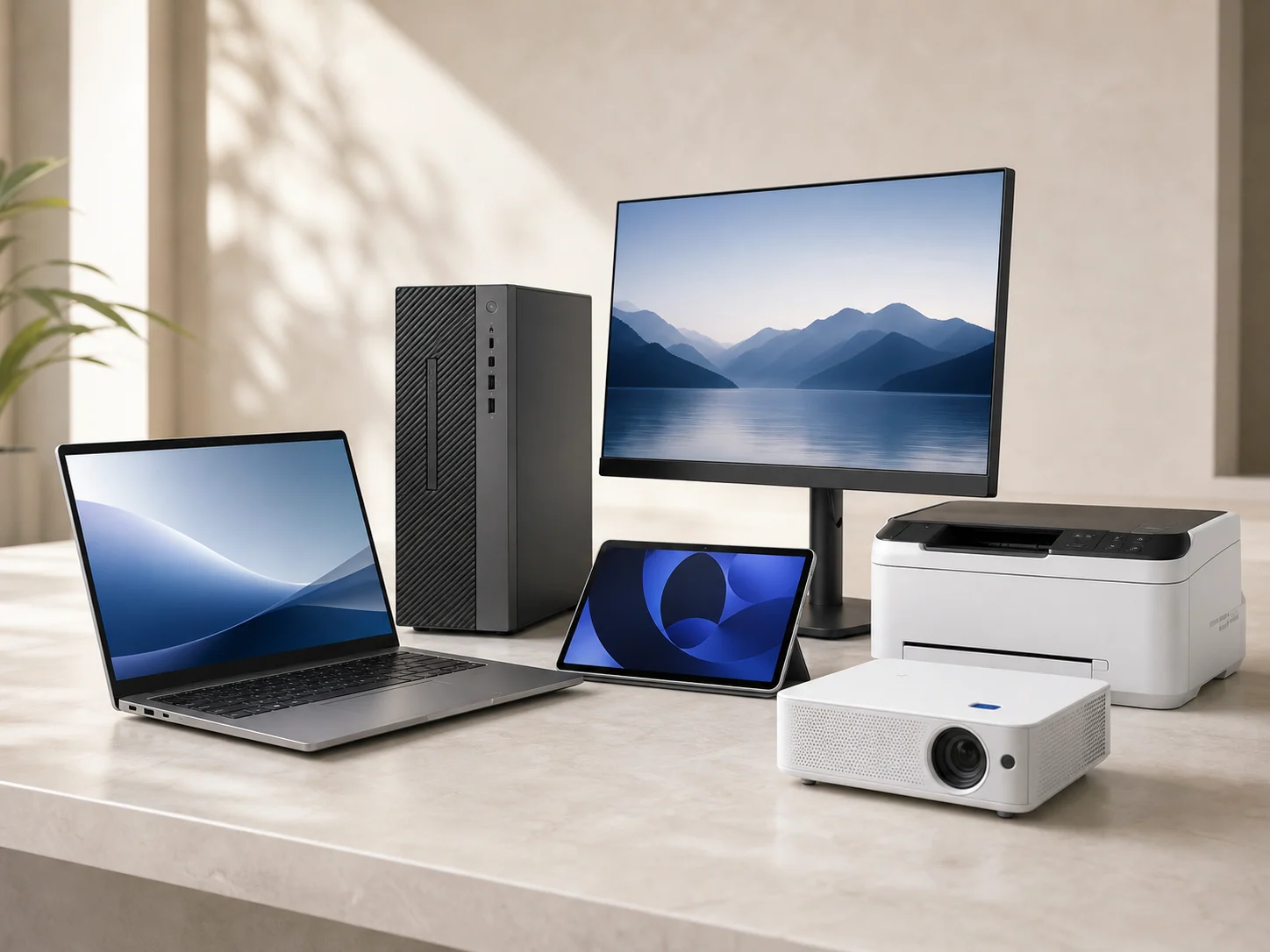 Business laptops, desktop, monitor, tablet, printer and projector arranged for supply