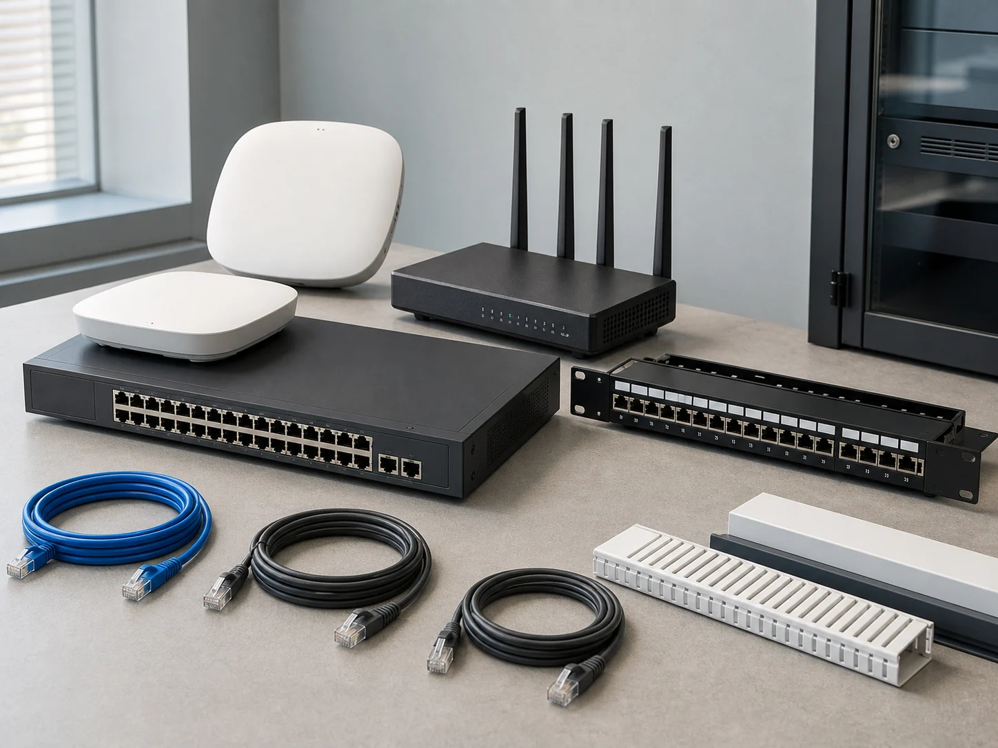 Routers, access points, network switches, patch panel and Ethernet cables