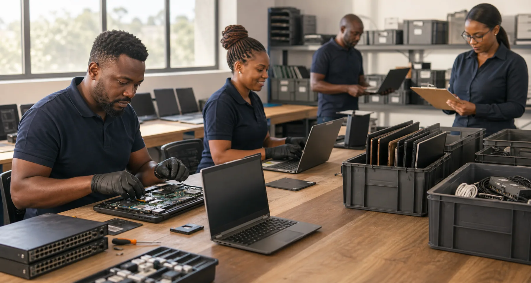 South African technology team assessing, repairing and sorting business equipment for reuse and responsible recovery