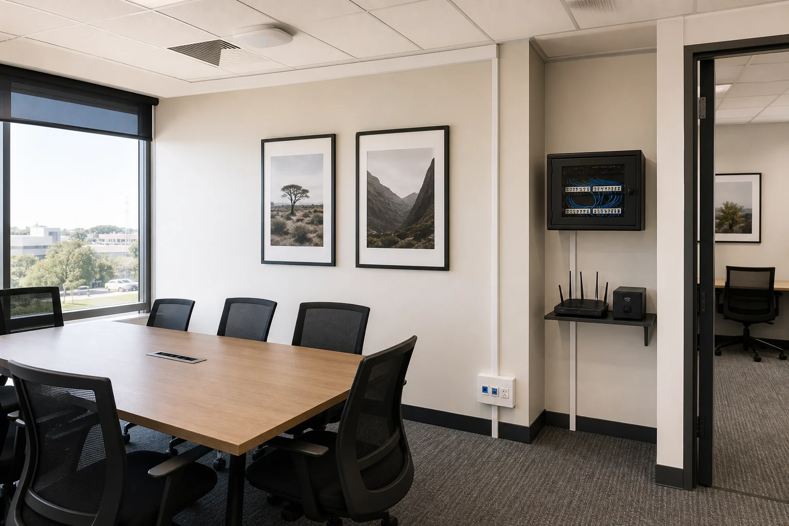 Shared office space with neatly integrated access point, router, mini UPS and network cabinet
