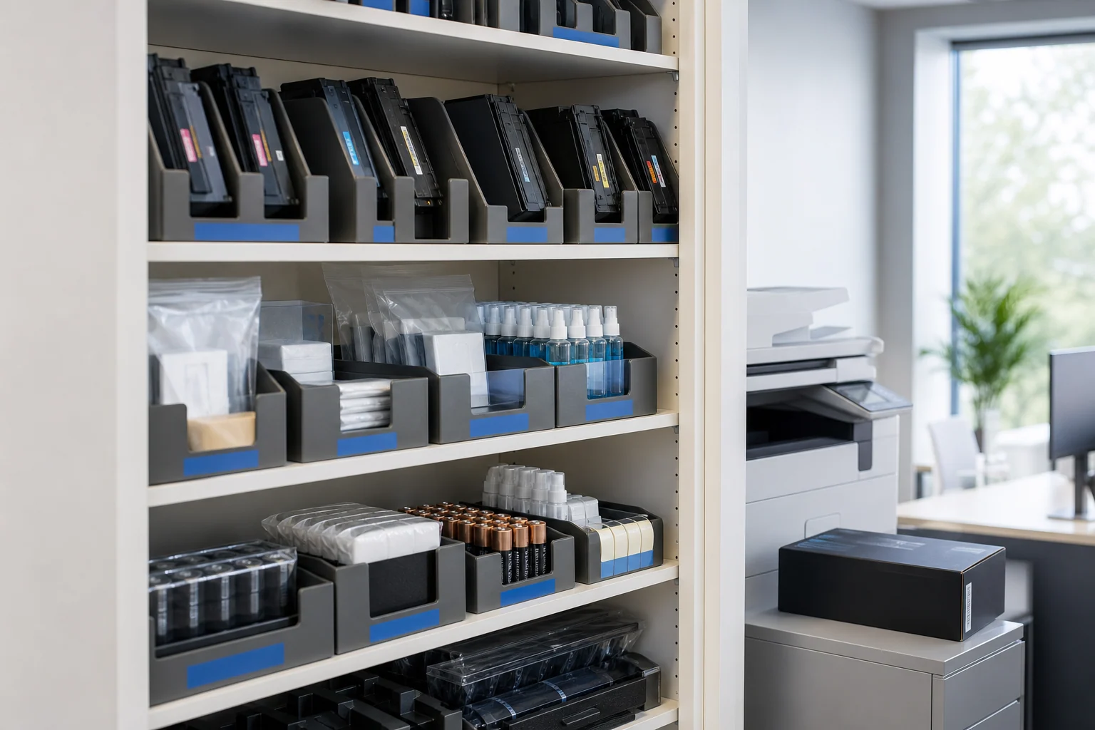 Organised ICT consumables cupboard with toner, cleaning products, batteries and printer supplies