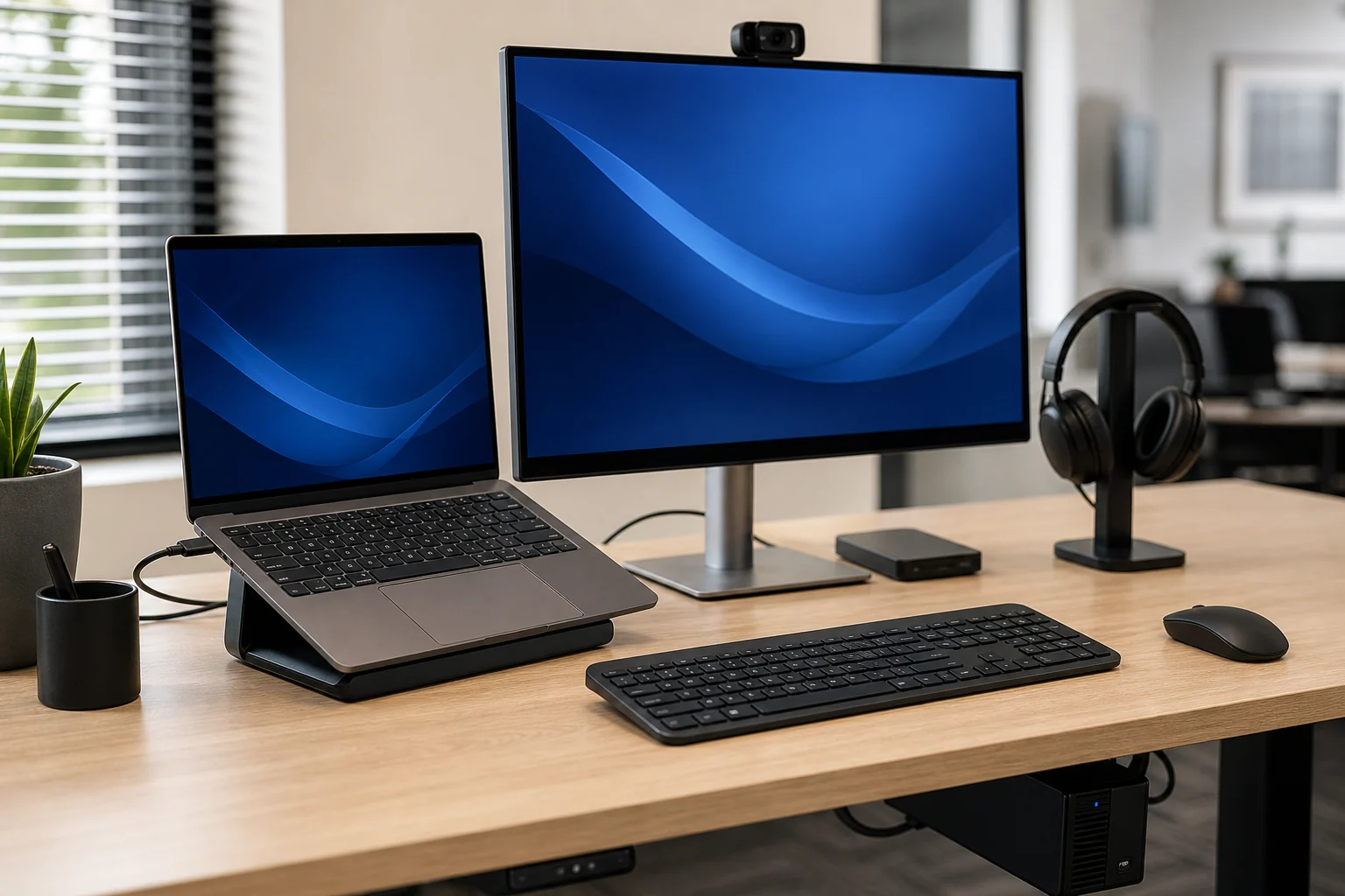 Productive professional workstation with laptop, monitor, dock, headset and power protection